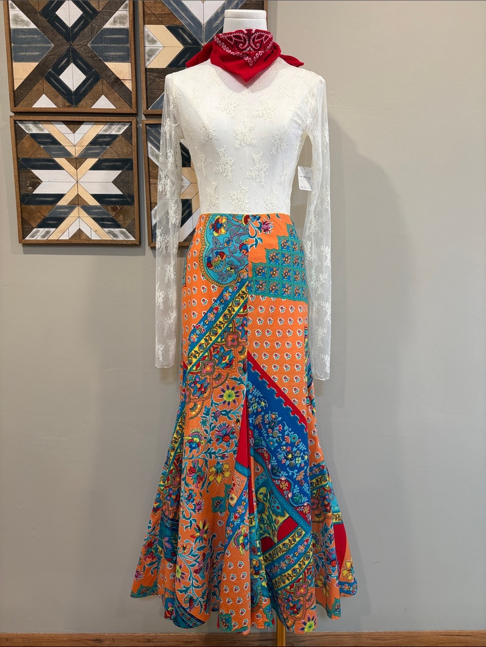 Vintage Ralph Lauren Blue Label Y2K Paisley Patchwork Flared Cotton Maxi Skirt 6